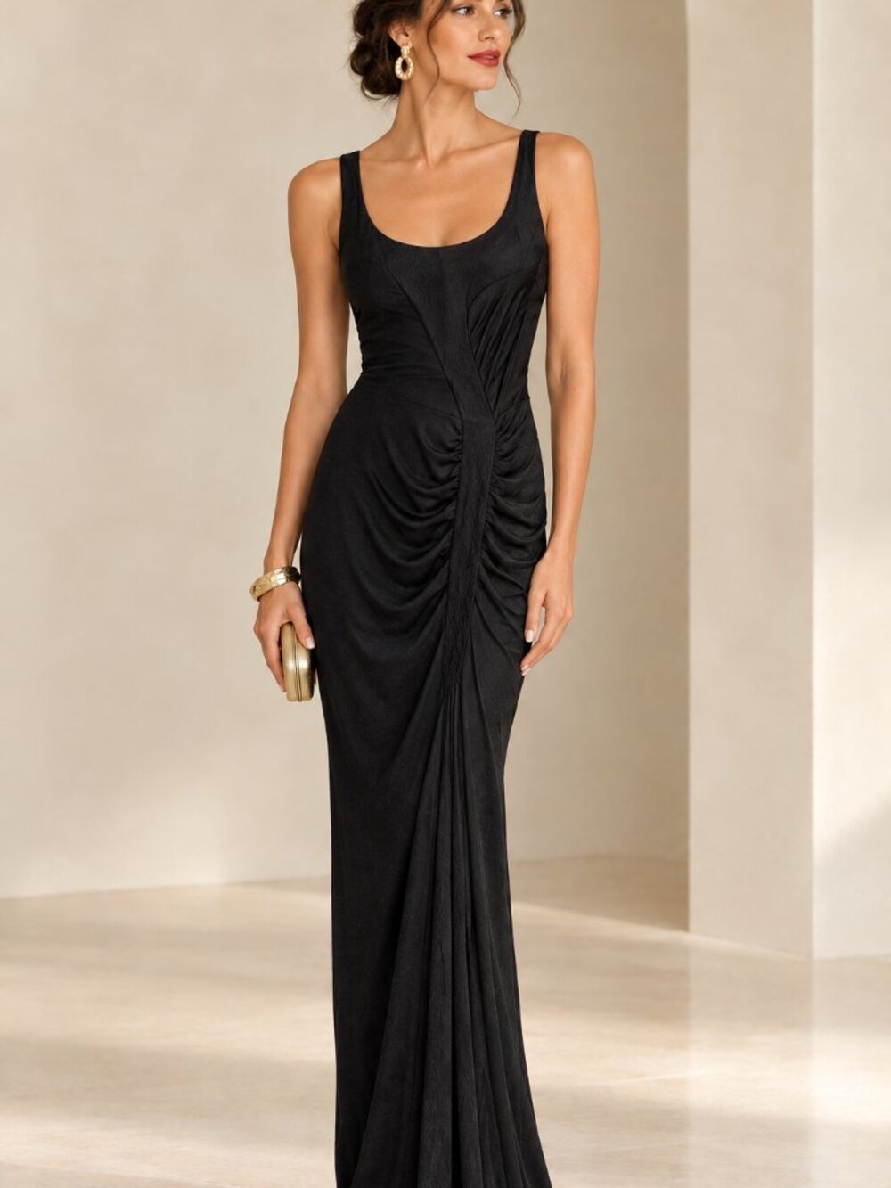 Peter Cohen Black Ruched Maxi Dress Sleeveless Formal Evening Size S